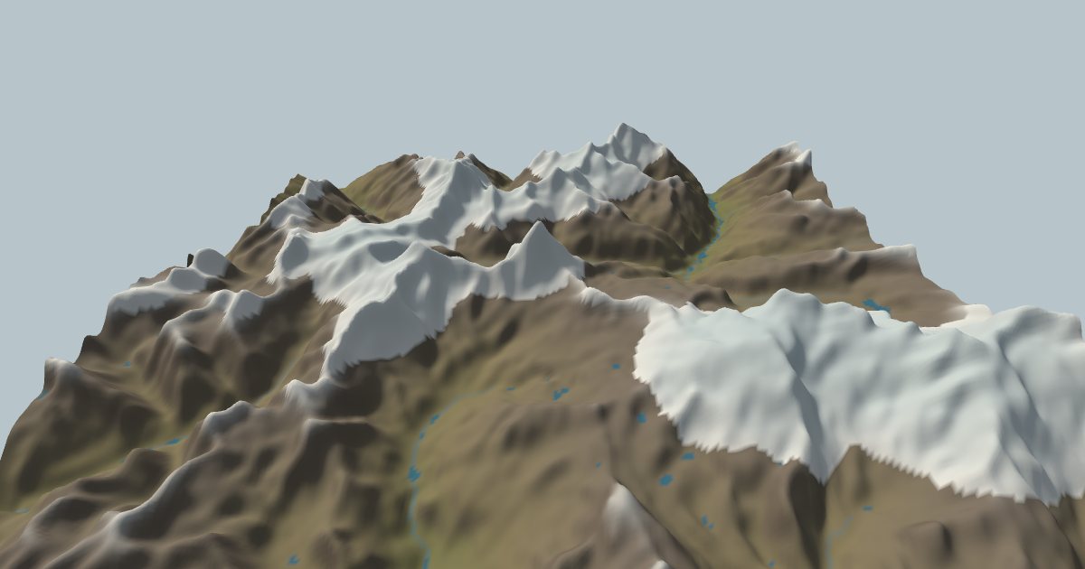 The mountains around the Matterhorn in Erode Lab today, with glaciers on the high ground